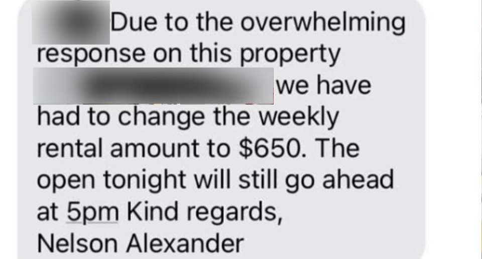 A text shared showing real estate agency Nelson Alexander increased the rent by $50 per week.