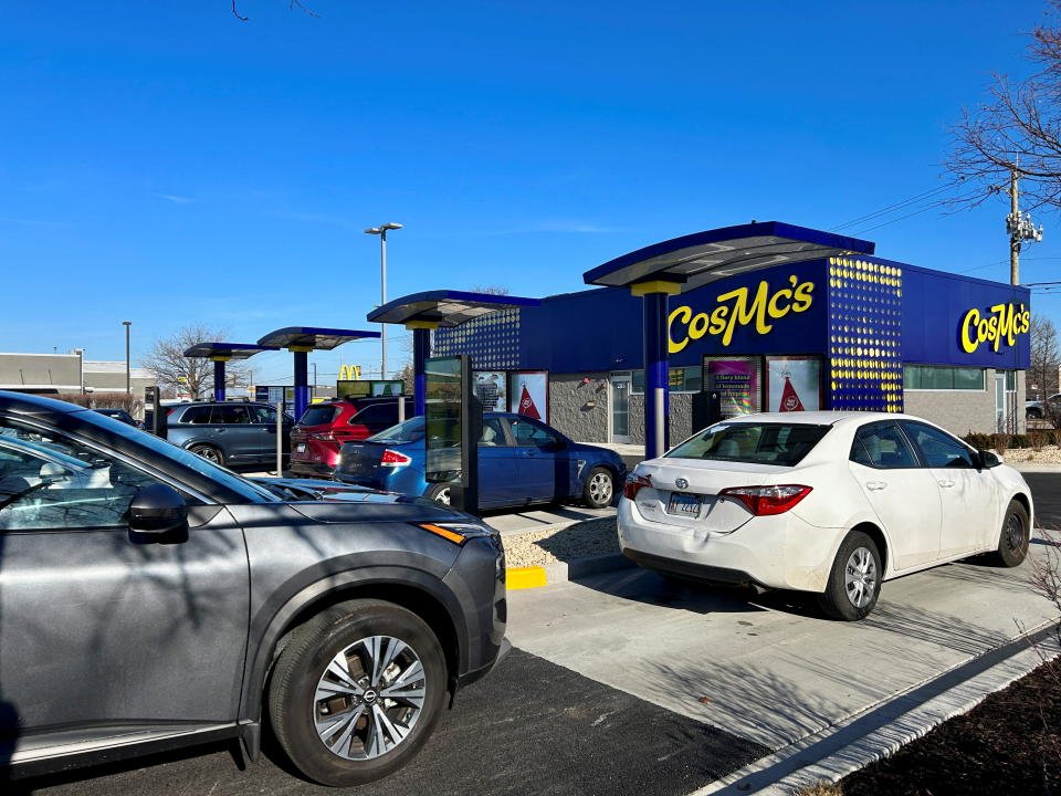 Lines form outside McDonald’s new beverage-led, drive-thru only chain, CosMc’s, during the concept’s secret opening in Bolingbrook, U.S. December 7, 2023. REUTERS/Eric Cox