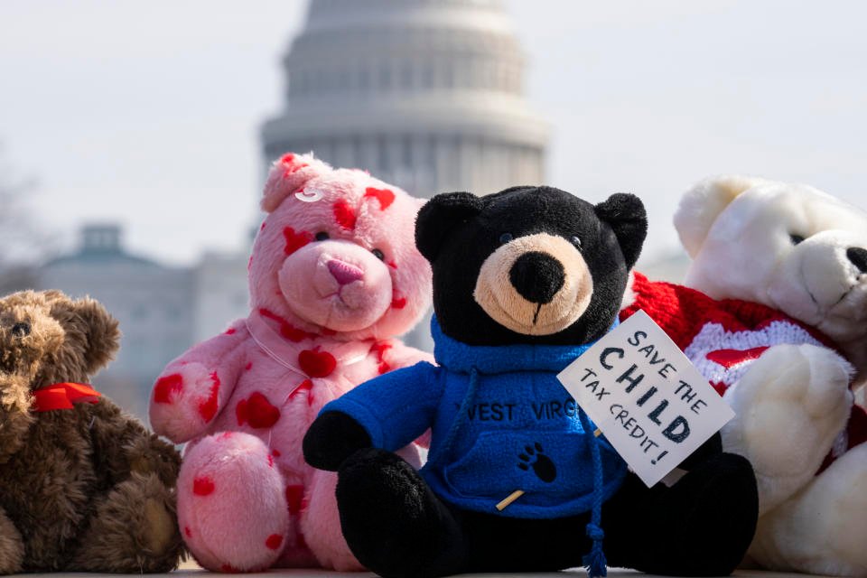 Teddy bears, meant to represent West Virginia children, appear on the National Mall during an event with the Unbearable Campaign to urge Congress to expand the Child Tax Credit. (Credit: Tom Williams, CQ-Roll Call, Inc via Getty Images)