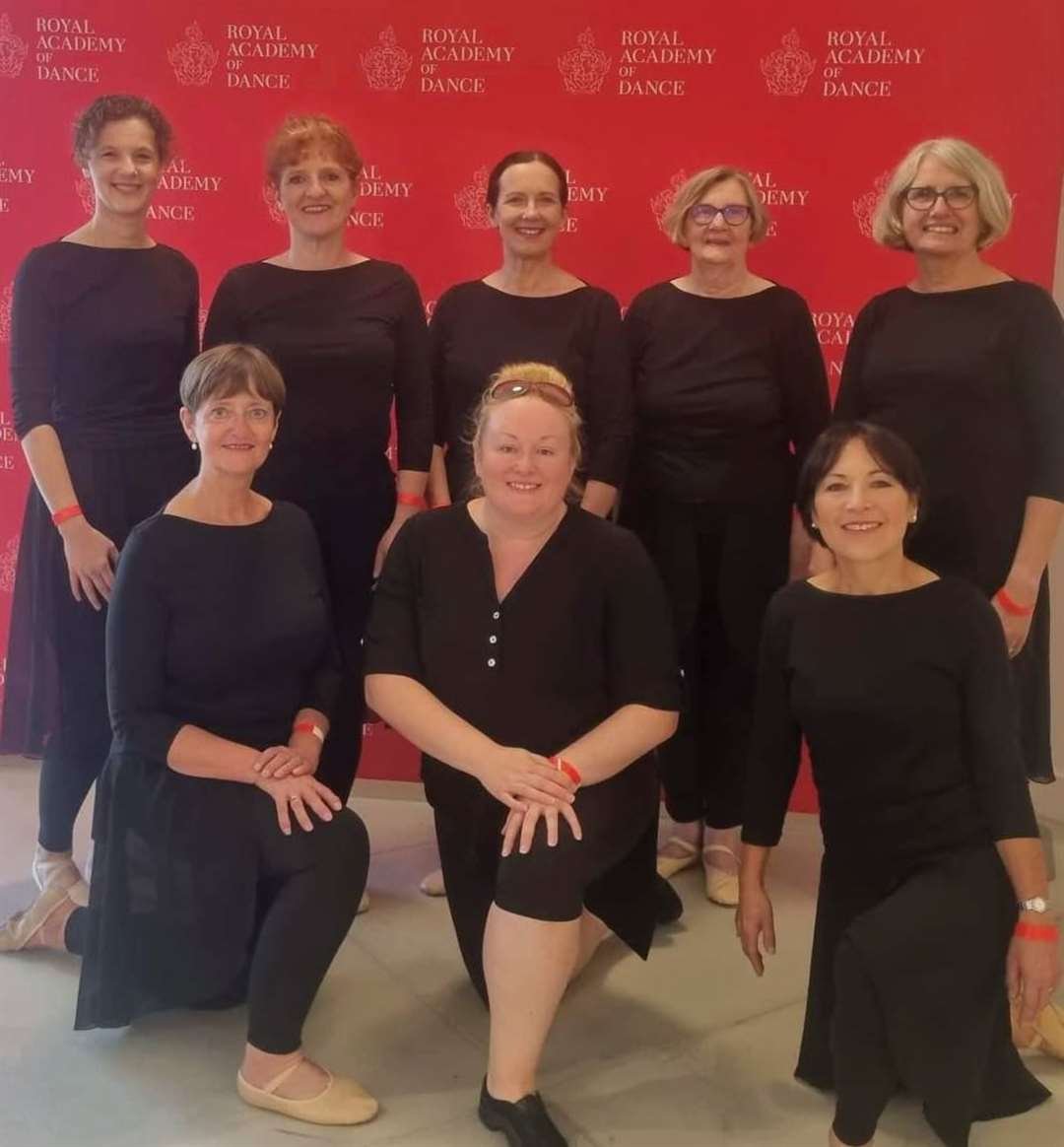 The seven Silver Swans along with their ballet teacher Amy Taylor at the Royal Academy of Dance. | Image: Supplied
