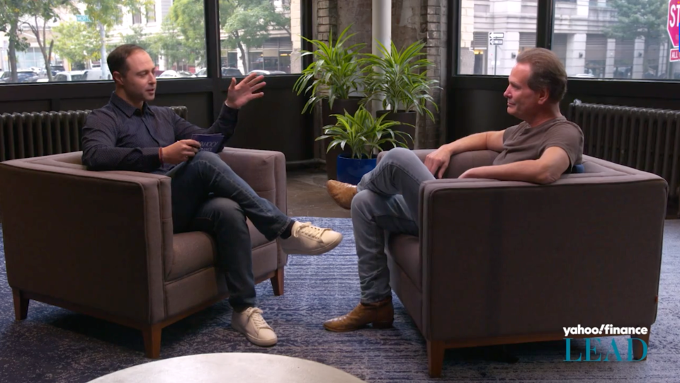 Former PayPal CEO Dan Schulman (right) reflects on his leadership journey inside the PayPal NYC headquarter he opened with Yahoo Finance Executive Editor Brian Sozzi (left).