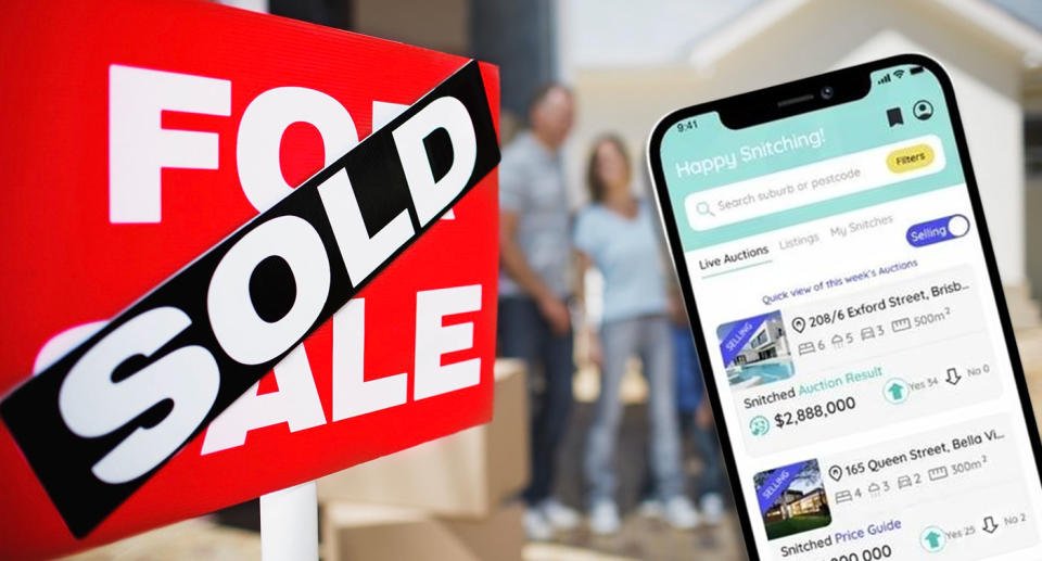 For Sale sign with Sold sticker across it; Auction Snitch real estate app screen
