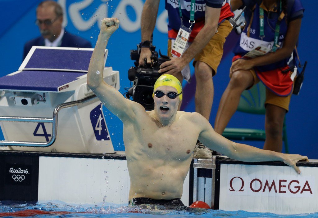Australia's Mack Horton celebrates after winning the gold medal after the men's 400-meter freestyle final during the swimming competitions at the 2016 Summer Olympics.