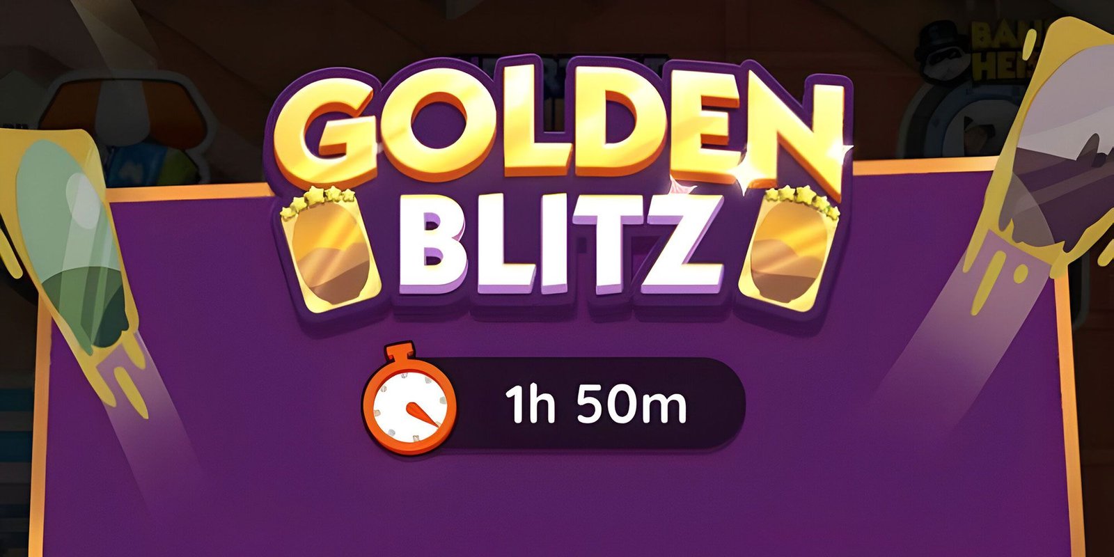 Part of the Golden Blitz event banner in Monopoly GO! showing an hour and fifty minutes left of the event.
