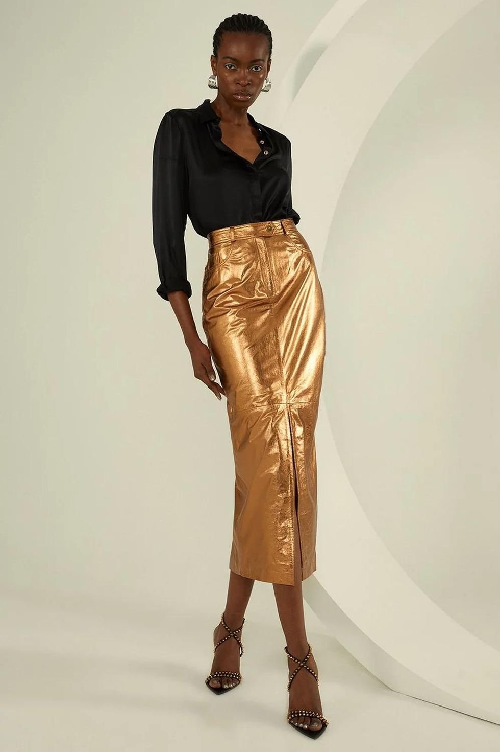 Leather Metallic 5 Pocket Maxi Skirt