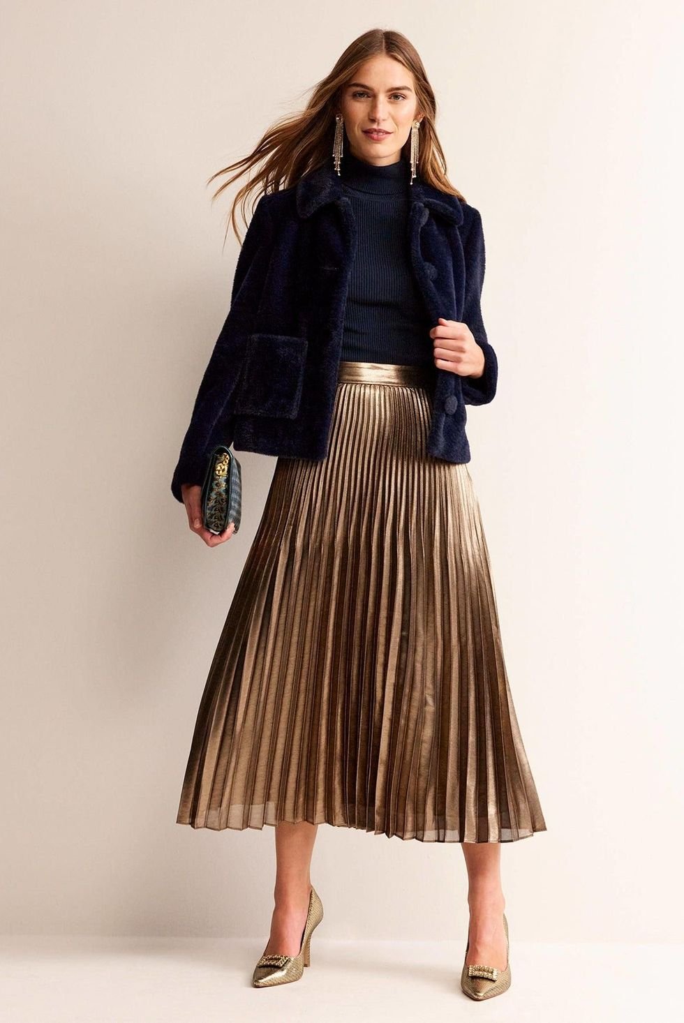 Metallic Pleated Midi Skirt