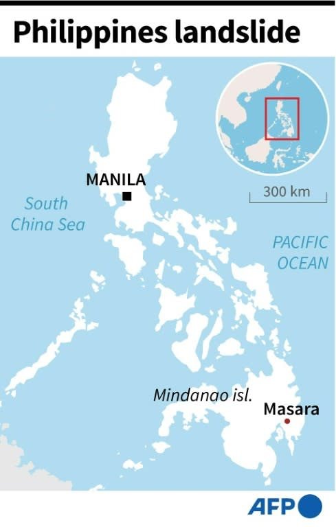 Map of the Philippines locating Masara village in Davao de Oro province on Mindanao island where two buses were buried by a rain-induced landslide on Tuesday. (STAFF)