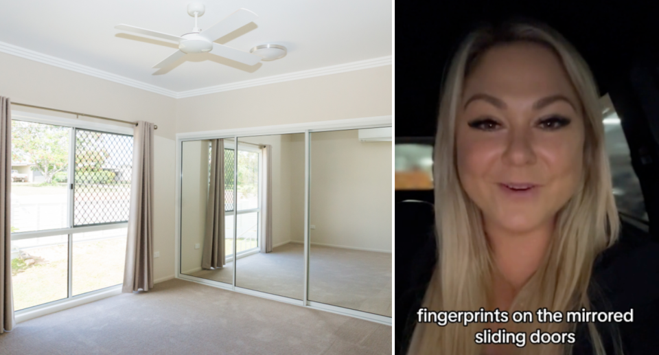 Left image of mirror sliding doors in a bedroom with beige carpet and cream walls. Right: Property manager Shannon Welch talking in her social media video.