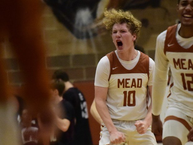 LONGMONT: Mead's Mason Willyard celebrates the win over Silver Creek Friday, Feb. 2, 2024. (Photo by Brent W. New/BoCoPreps.com)