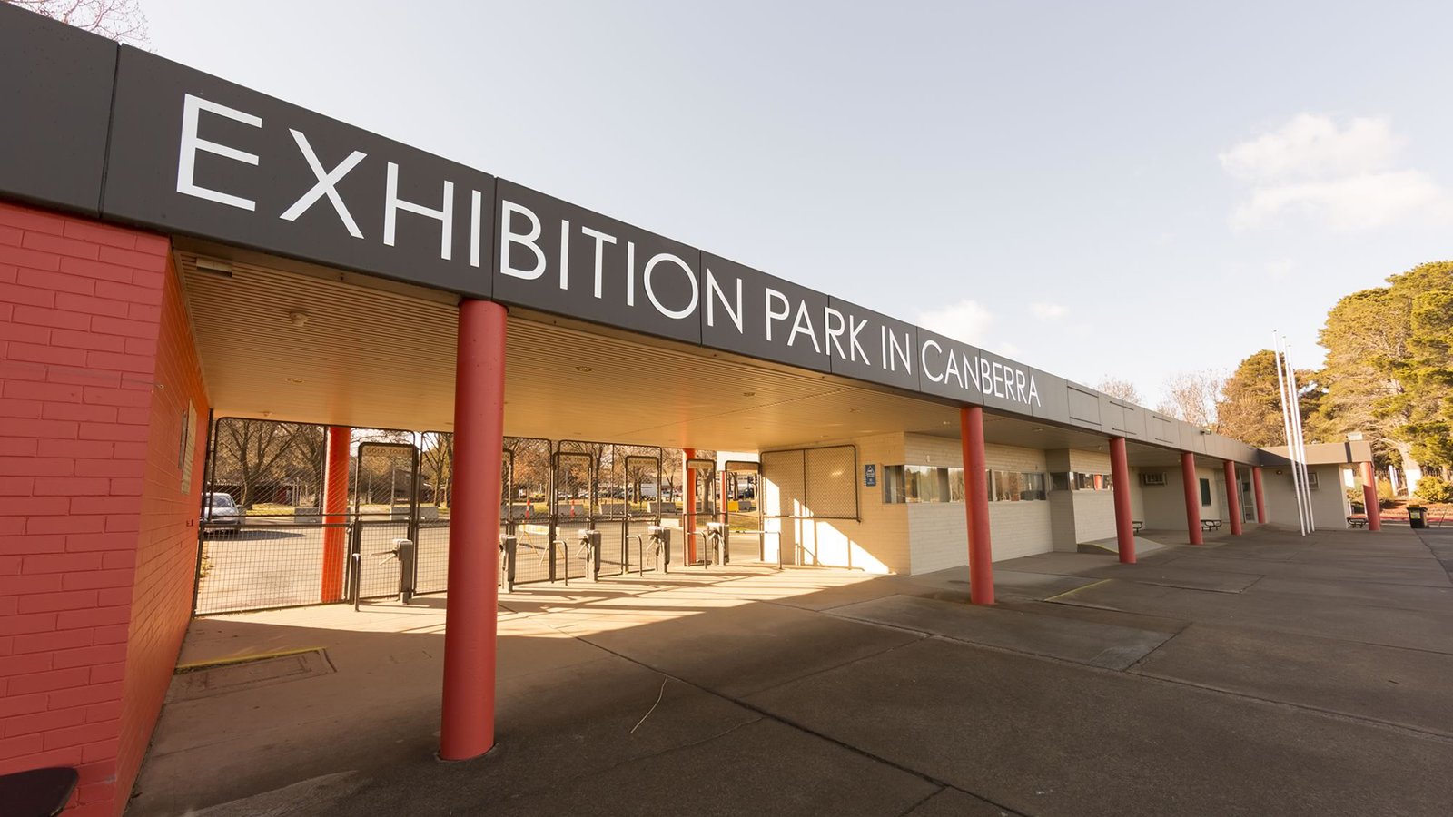 Turnstiles with Exhibition Park written abov.