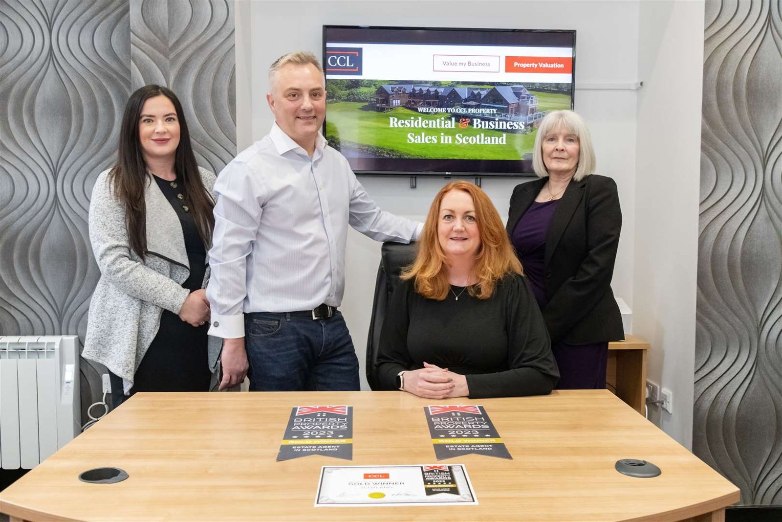 From left: Claire Millar (Business Development Manager), David Pickering (Commercial Director), Coralie Pickering (Managing Director) and Audrey Pope (Residental Property Manager) from CCL in Elgin have won gold in the British Property Awards for Estate Agents in Scotland 2023...Picture: Beth Taylor.