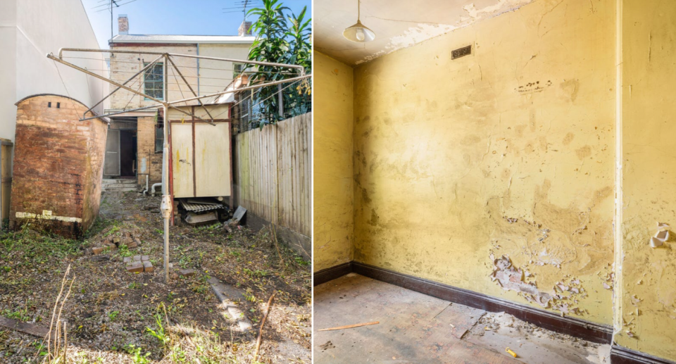 Composite image showing messy, overgorwn outdoor area, and inside room in bad repair.