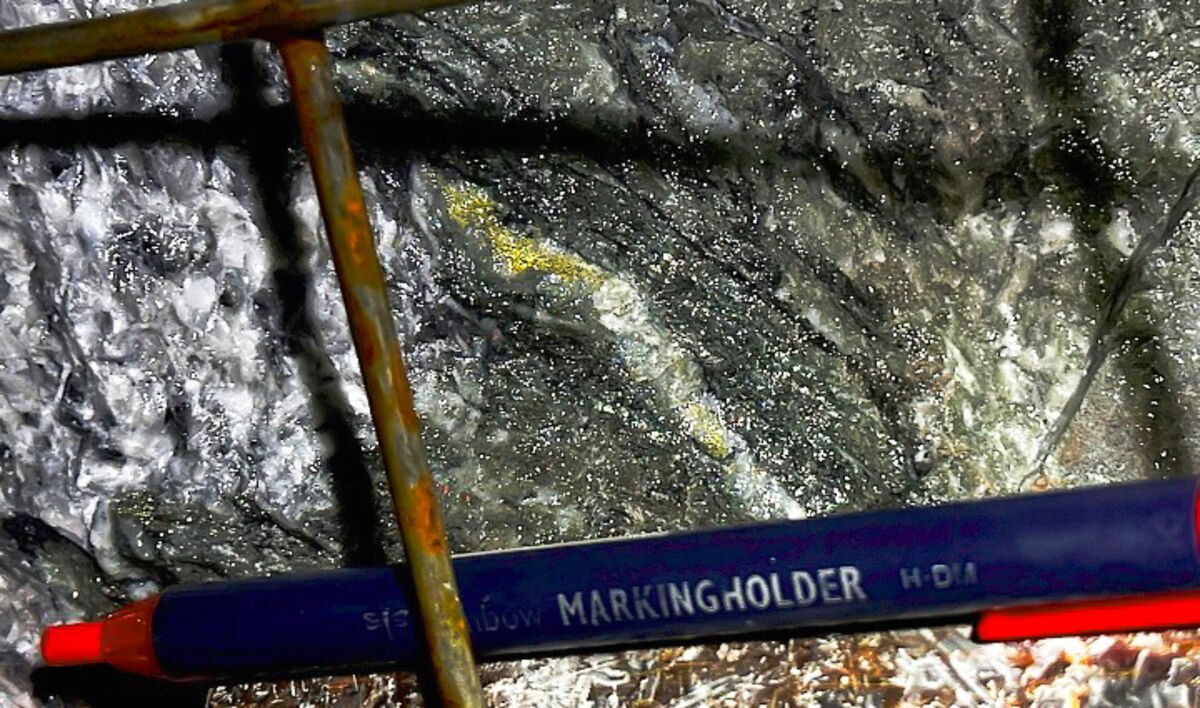 A marker provides context for a roughly two-inch-long vein of visible gold.