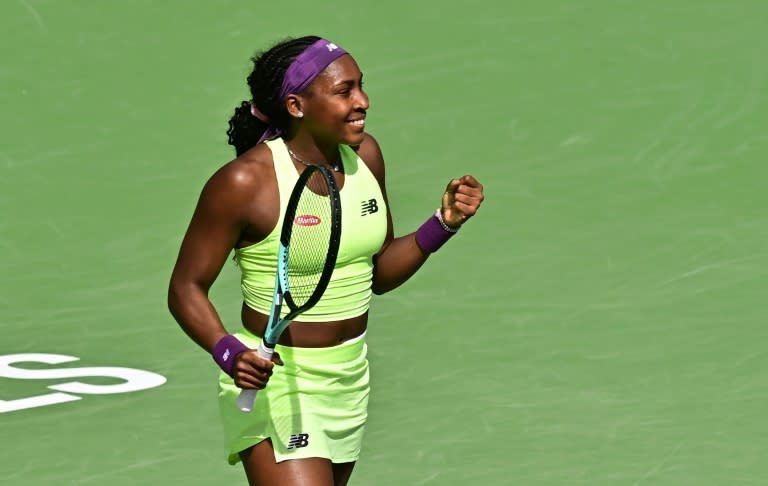 American Coco Gauff celebrates victory over Elise Mertens in the fourth round of the ATP-WTA Indian Wells Masters (Frederic J. BROWN)