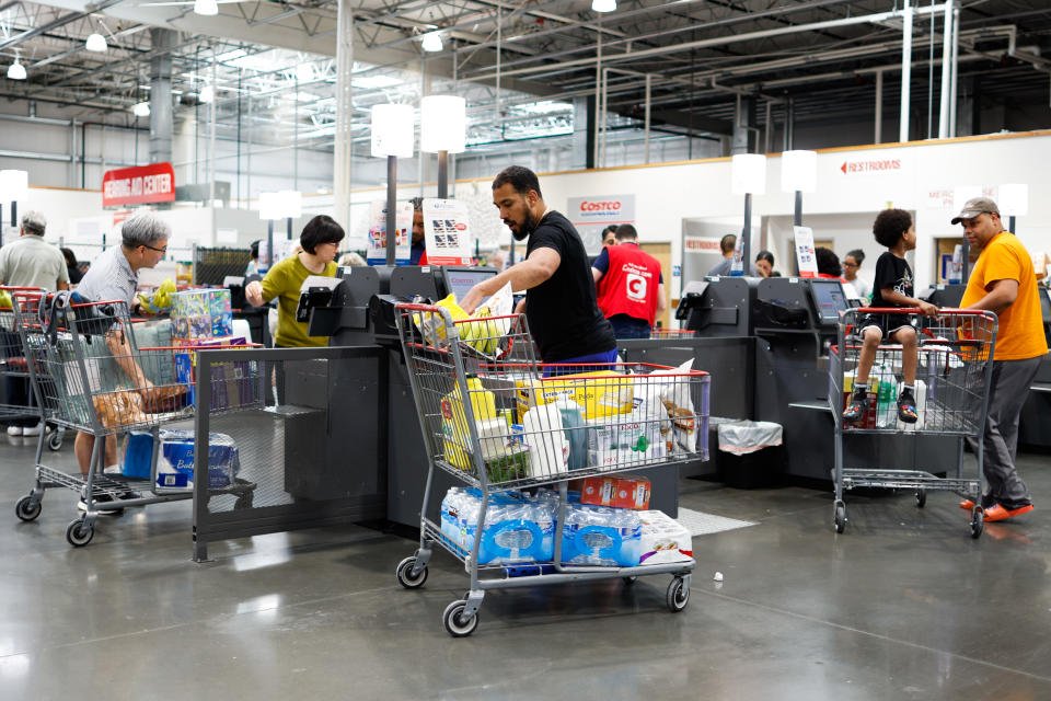 TETERBORO, NJ - JUNE 28: Customers check out their purchases inside a Costco store on June 28, 2023 in Teterboro, New Jersey. Costco is cracking down on membership card sharing at its stores. (Photo by Kena Betancur/VIEWpress)