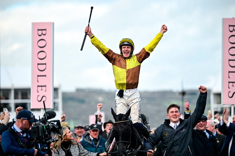 Paul Townend celebrates aboard Galopin Des Champs after winning the Cheltenham Gold Cup at Prestbury Park. Photo: David Fitzgerald/Sportsfile