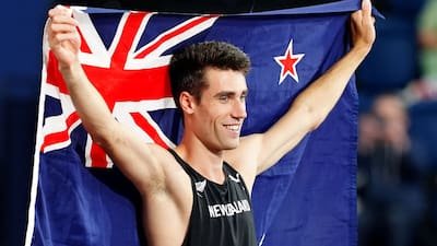New Zealand's Hamish Kerr celebrates after winning the Men's High Jump during day three of the World Indoor Athletics Championships