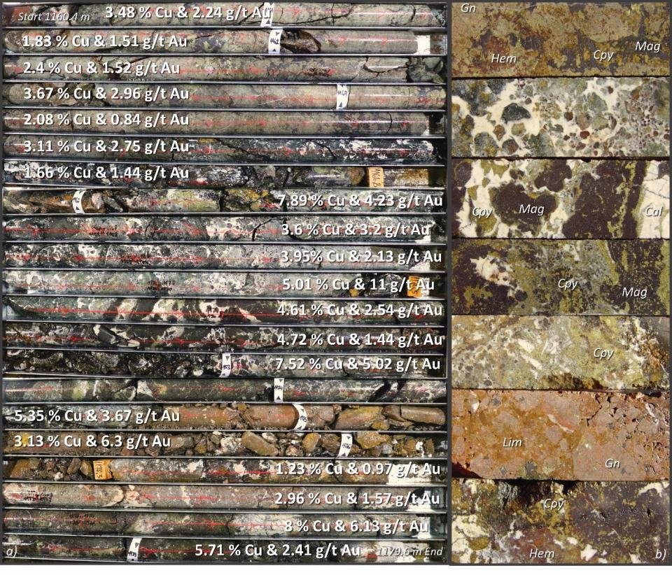 Images showing the core photos of copper-gold manto skarn mineralization from hole DPDD012, within the interval reporting 26 metres at 3.54% Cu and 3.03 g/t Au from 1155 metres downhole