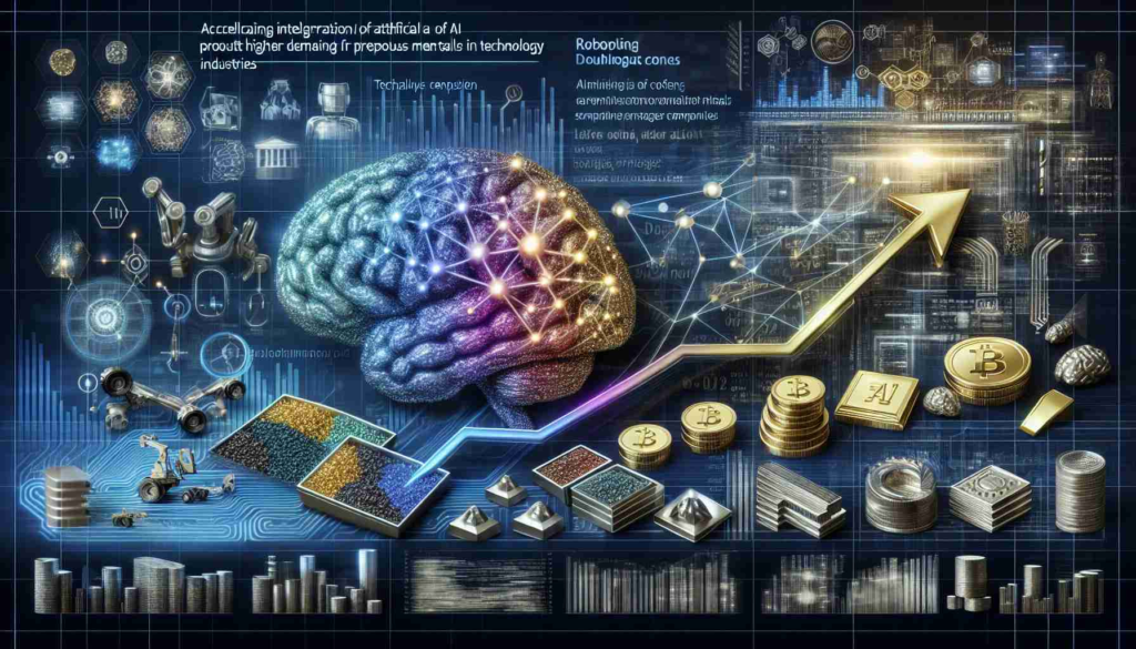 Create an ultra-high-definition realistic image illustrating the concept of the accelerating integration of artificial intelligence prompting higher demands for precious metals in technology industries. The image should showcase AI symbols like neural networks and coded algorithms blended with representations of technology industries such as robotics or data centers. Additionally, depict elements of precious metals like gold, silver, or platinum integrated into these technology components symbolizing their increased use.