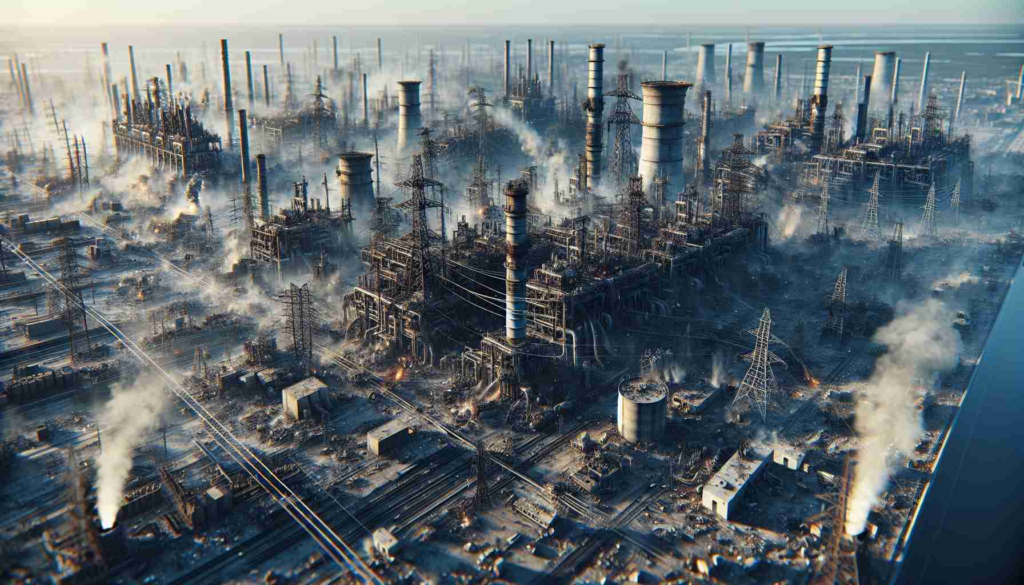 High-definition, photorealistic image of a country's major energy infrastructure, such as power plants and transmission lines, in a state of severe damage due to intense attacks.