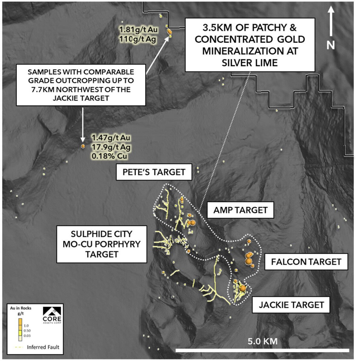 Map of 7.7 km Silver Lime gold trend from Jackie through Pete’s targets.