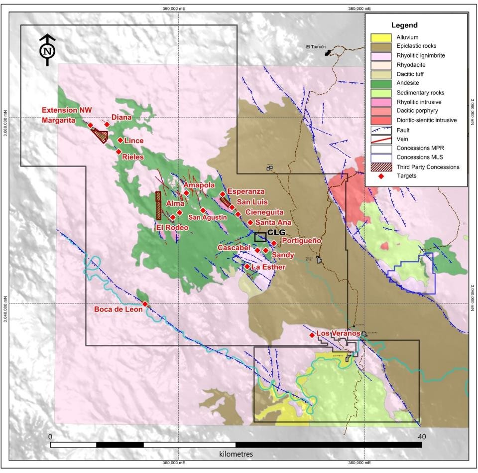 Plan view of the Los Gatos district with select prospects and high priority drill targets