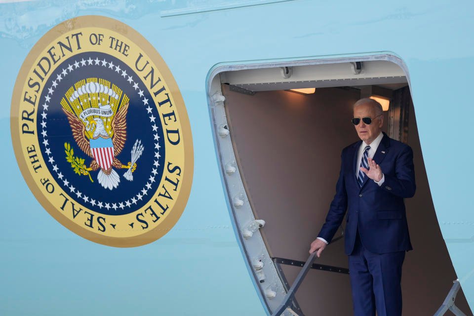 President Joe Biden arrives at John F. Kennedy International Airport, Thursday, April 25, 2024, in New York. (AP Photo/Evan Vucci)