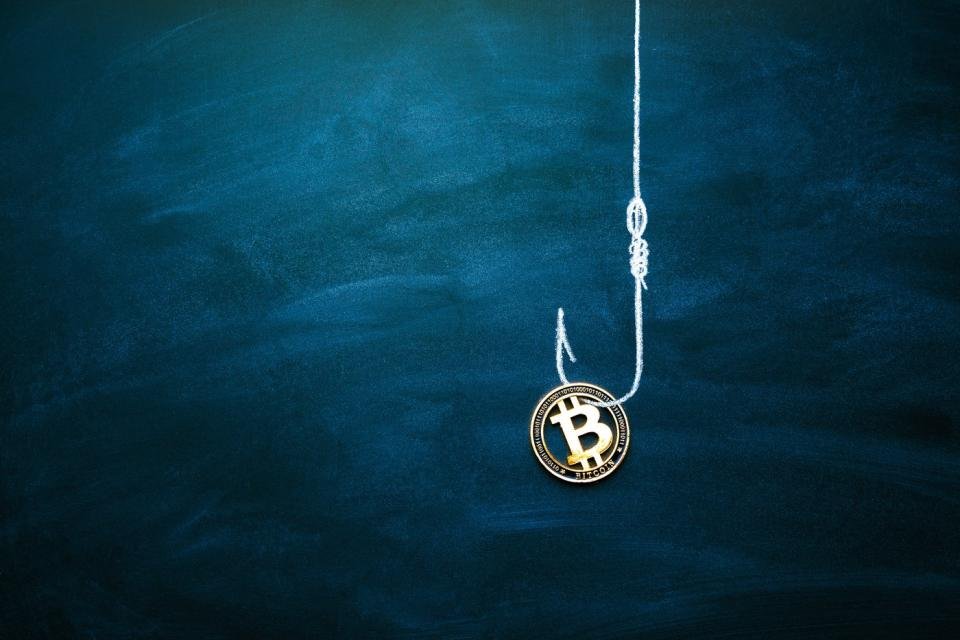 A bitcoin on a fish hook. 