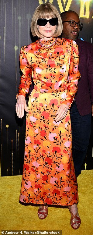 Anna Wintour showed off her spring style in a long-sleeved, orange dress that had vibrant floral details throughout the satin fabric