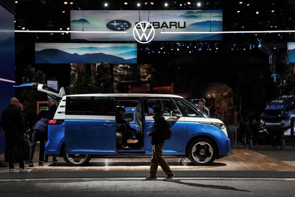 People view a Volkswagen ID Buzz during the New York International Auto Show Press Preview, in Manhattan, New York City, U.S., March 27, 2024. REUTERS/David Dee Delgado