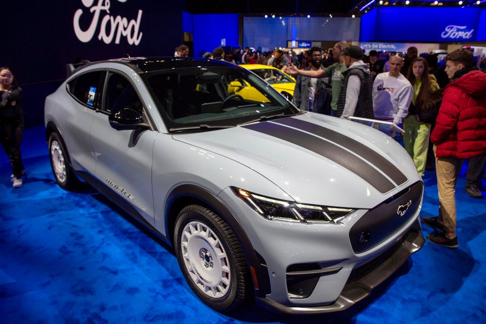 A Ford Mustang Mach-E Rally electric vehicle is at the New York International Auto Show in New York on Saturday, March 30, 2024. (AP Photo/Ted Shaffrey)