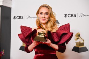 Adele poses with her GRAMMY award for Best Pop Solo Performance for Easy On Me in the Press Room at the 65th Annual GRAMMY Awards held at Crypto.com Arena on February 5, 2023 in Los Angeles, California. (Photo by Michael Buckner/Variety via Getty Images)