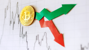 Fluctuations and forecasting of exchange rates of virtual money bitcoin (BTC-USD). Red and green arrows with golden Bitcoin ladder on paper forex chart background. Cryptocurrency concept.