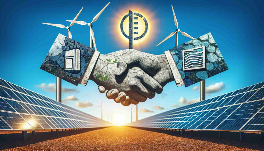 An HD photo of a symbolic event representing the takeover of a solar energy and storage development company. The image should depict a textured handshake over a solar panel field, under blue sky with the sun casting long shadows. The company logos should be implied but not outright visible. On one side, there is an abstract figure symbolic of Copenhagen Infrastructure Partners, perhaps represented as a clean wind turbine or a sleek, modern building. On the other, a figure symbolic of Elgin Energy can be shown as a vibrant solar panel or a storage battery.