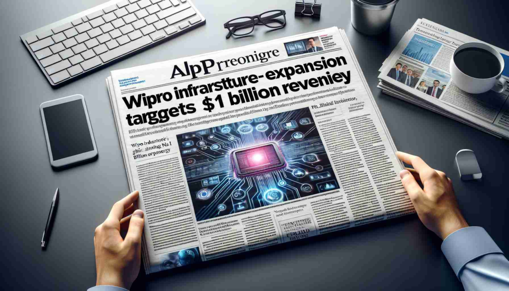 High definition, realistic image of the headline 'Wipro Infrastructure’s AI-Driven Expansion Targets $1 Billion Revenue' appearing on a newspaper about business and technology. The newspaper image should be focused on this headline with a surrounding layout featuring articles, other headlines, and possible photos related to technology and business. No identifiable businesses, technology or individuals should be depicted in the secondary elements.