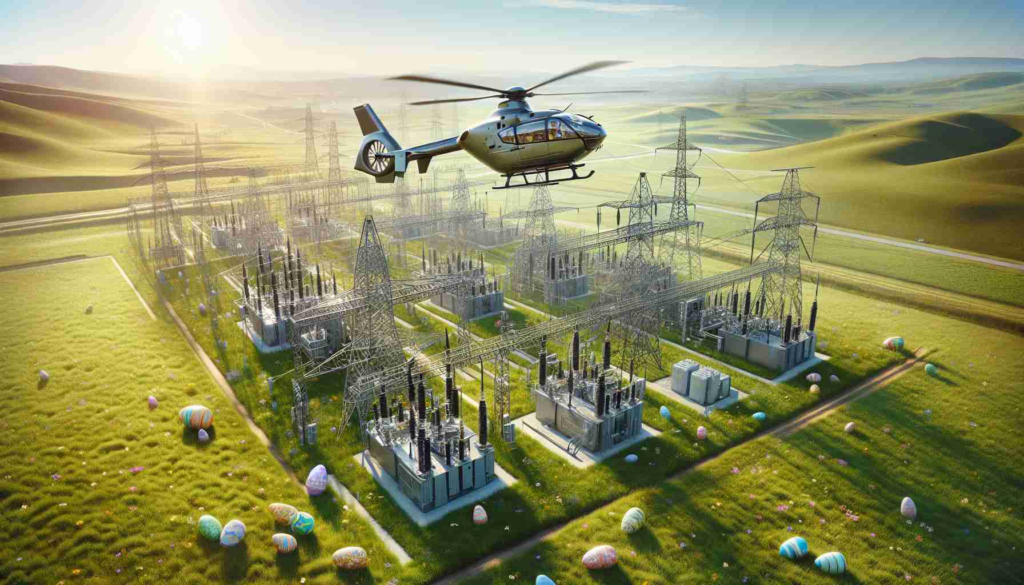 Generate a realistic, high-definition image of a helicopter conducting routine energy infrastructure checks during the Easter holidays. The scene should depict a modern helicopter with the sun glinting off its metallic body as it hovers over a vast network of power lines, transformers, and substations. To signify the Easter timeframe, show scattered Easter eggs in the grass near the infrastructure. The landscape should be rural with green fields and gently rolling hills extending into the distance under a clear blue sky.