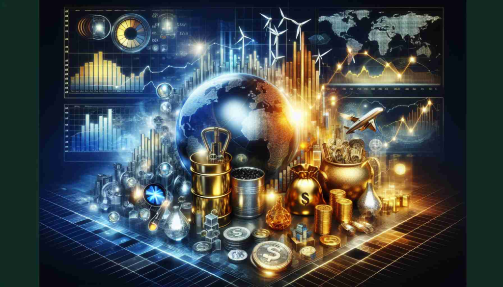 A high-definition, realistic image showcasing the concept of energy and precious metals market update. The image features a variety of elements that symbolise global markets, such as graphs showcasing the rise and fall of prices, a globe representing the international aspect of trade, and symbolic icons for energy sources such as oil barrels and wind turbines. It also includes depictions of precious metals like gold bars, silver coins, and platinum ingots. Dynamic elements like fluctuating numbers or news tickers can also be part of the image to reinforce the constant movement of the markets.