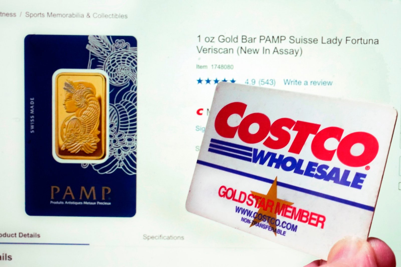 PHOTO: A Costco webpage featuring a one-ounce Gold Bar PAMP Suisse Lady Fortuna Veriscan, and a Costco membership card, are shown in this photo, in New York, Oct. 4, 2023. 