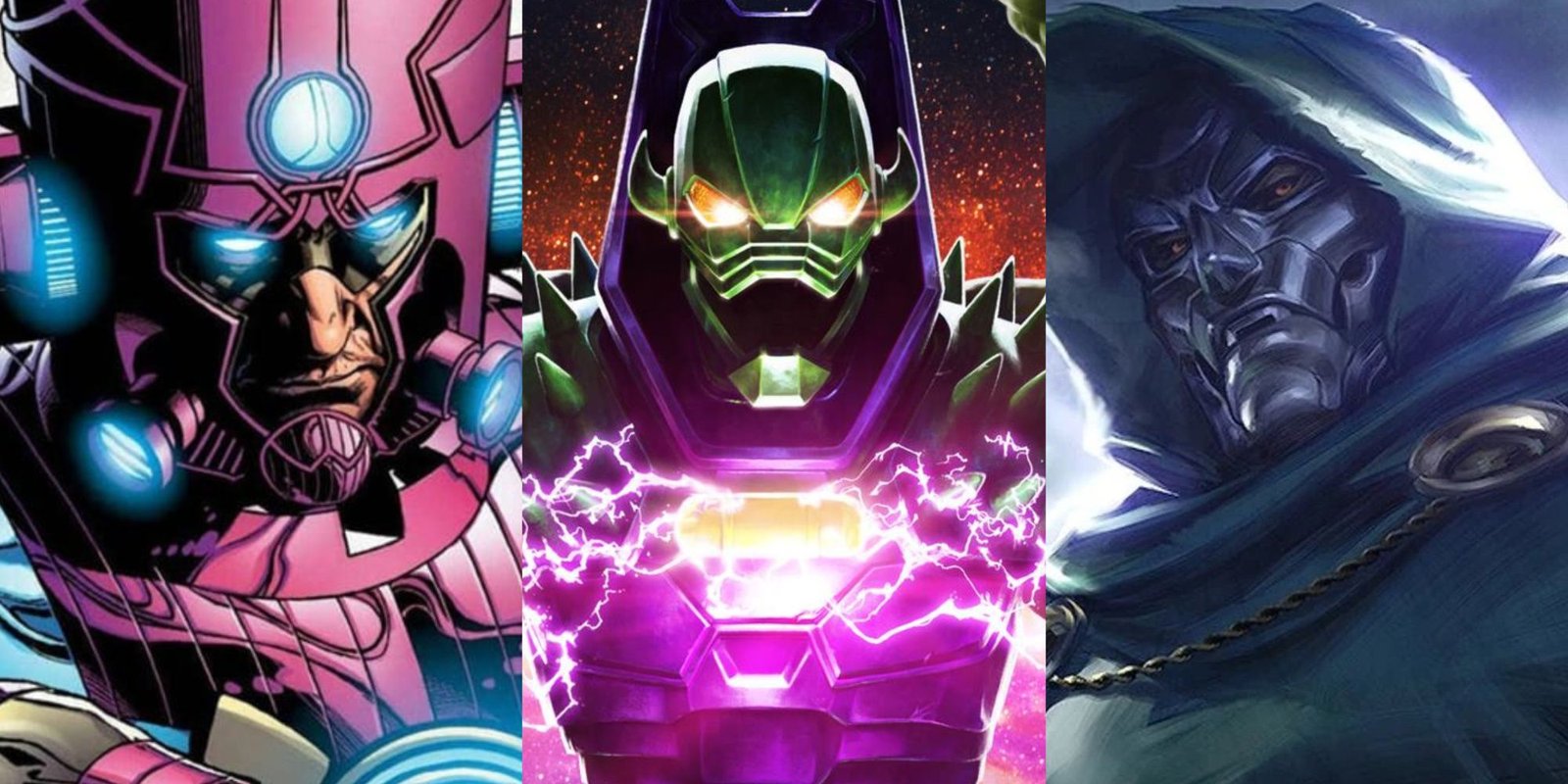 A split image of Galactus, Annihilus, and Doctor Doom from Marvel Comics