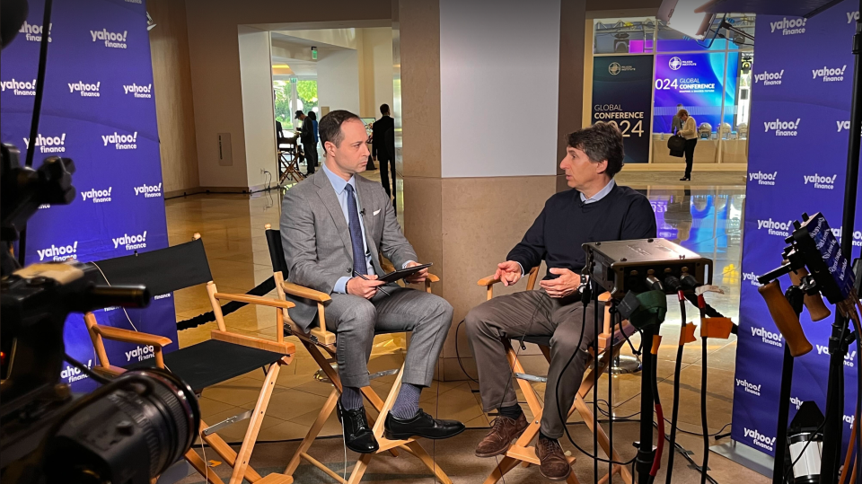 Apollo CEO Marc Rowan (right) weighs in on markets and the Mag 7 with Yahoo Finance Executive Editor Brian Sozzi (left) at the Milken conference.