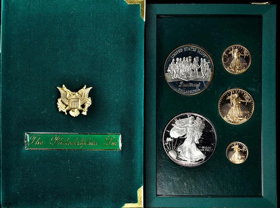The 1993 Philadelphia Set included three American Gold Eagles Proofs, an American Silver Eagle Proof, and a Bicentennial of the Philadelphia Mint Silver Medal in Proof. Image: Stack's Bowers.