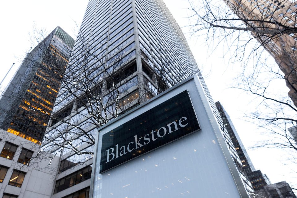 FILE PHOTO: Signage is seen outside the Blackstone Group headquarters in New York City, U.S., January 18, 2023. REUTERS/Jeenah Moon/File Photo