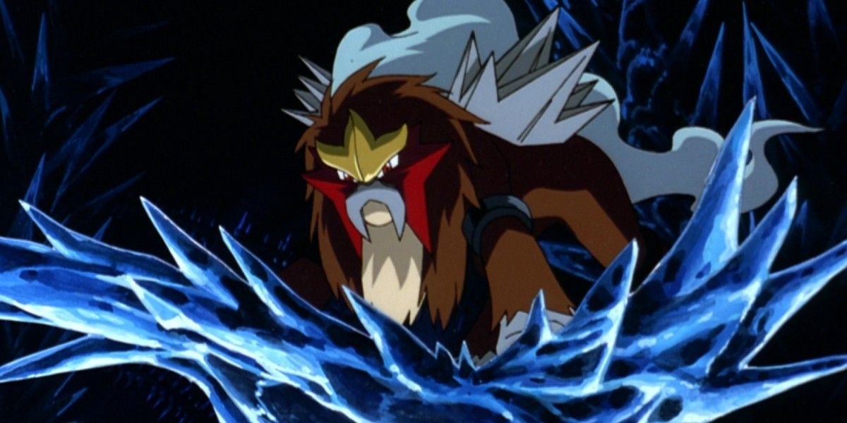 Entei looming menacingly on a platform in the third Pokémon anime movie.