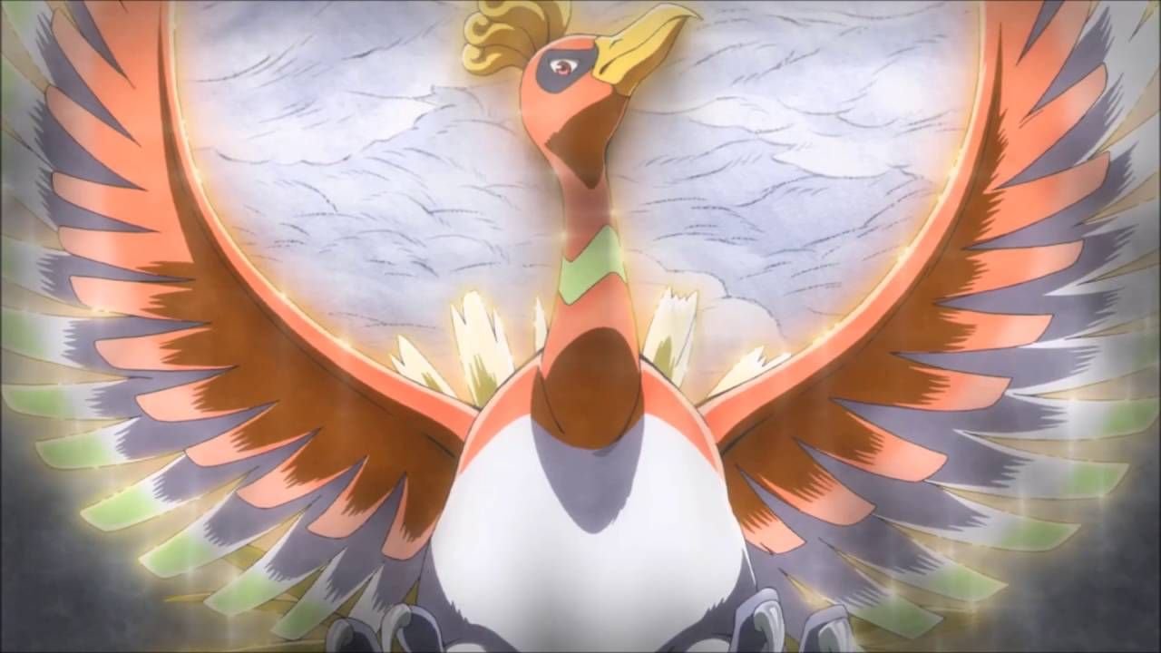 Ho-Oh floating in the air and spreading its wings in the Pokémon anime.