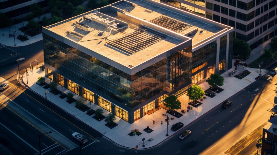 An aerial view of a REIT operated commercial building.