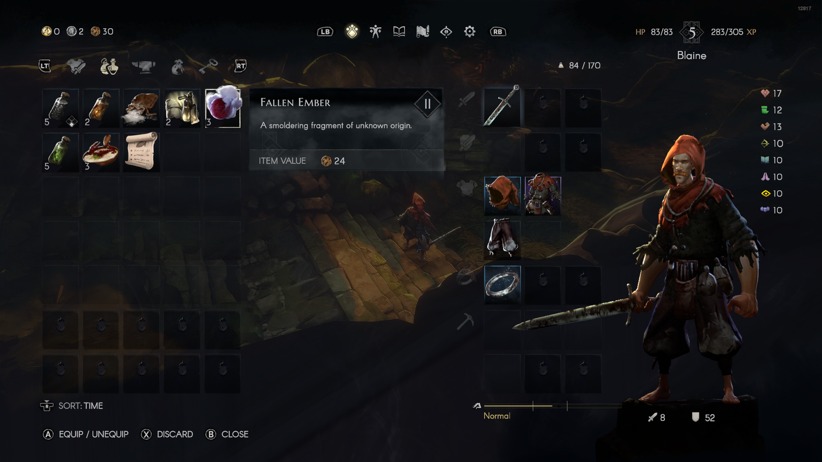 Image of Fallen Embers in the No Rest for the Wicked inventory screen.