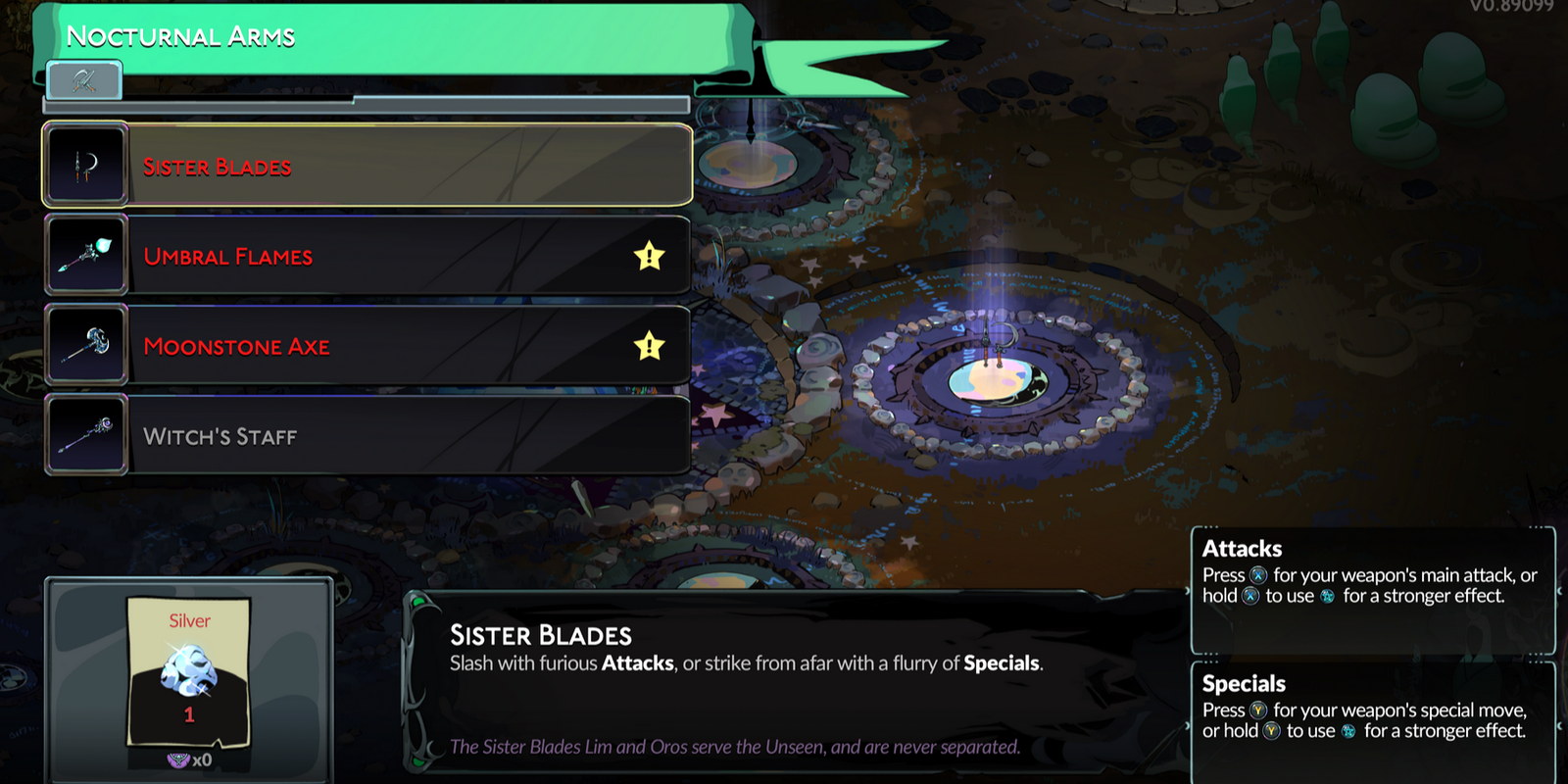 Sister Blades in the Nocturnal Arms menu in Hades 2