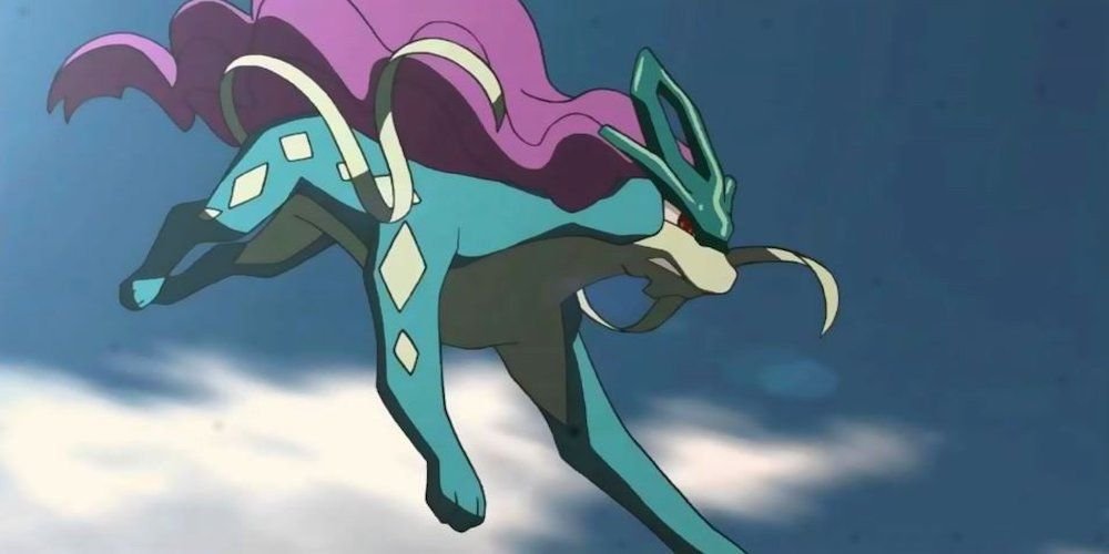 Suicune leaping through the air in the Pokémon anime.