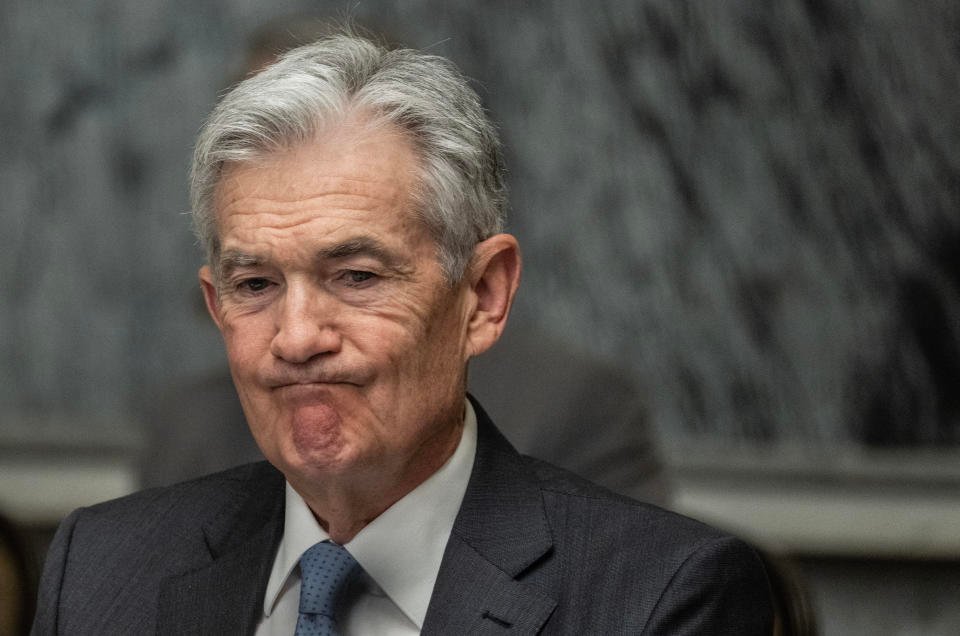 US Chair of the Federal Reserve Jerome Powell reacts during an open session of the Financial Stability Oversight Council at the Treasury Department in Washington, DC on May 10, 2024. (Photo by Andrew Caballero-Reynolds / AFP) (Photo by ANDREW CABALLERO-REYNOLDS/AFP via Getty Images)