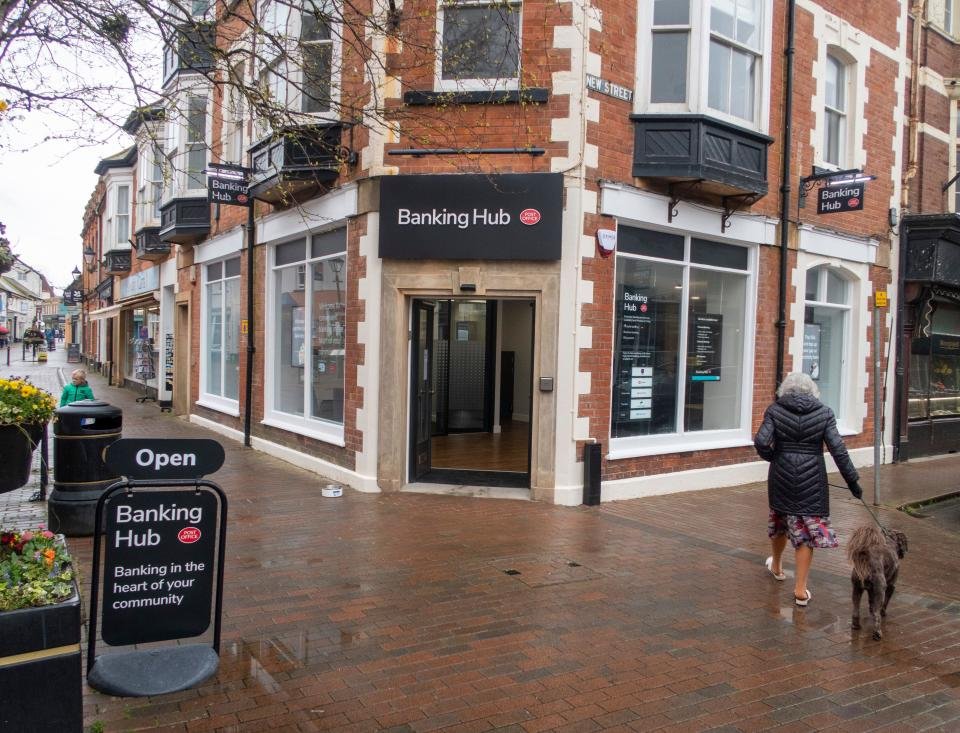 Rain in Sidmouth outside the new Banking Hub, operated by the Post Office. All the remaining banks have now closed.